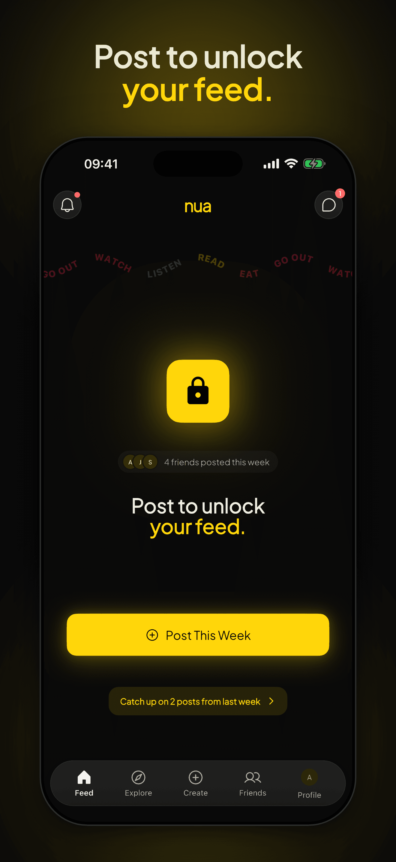 A locked nua feed with a Post This Week button and four friends having posted this week.