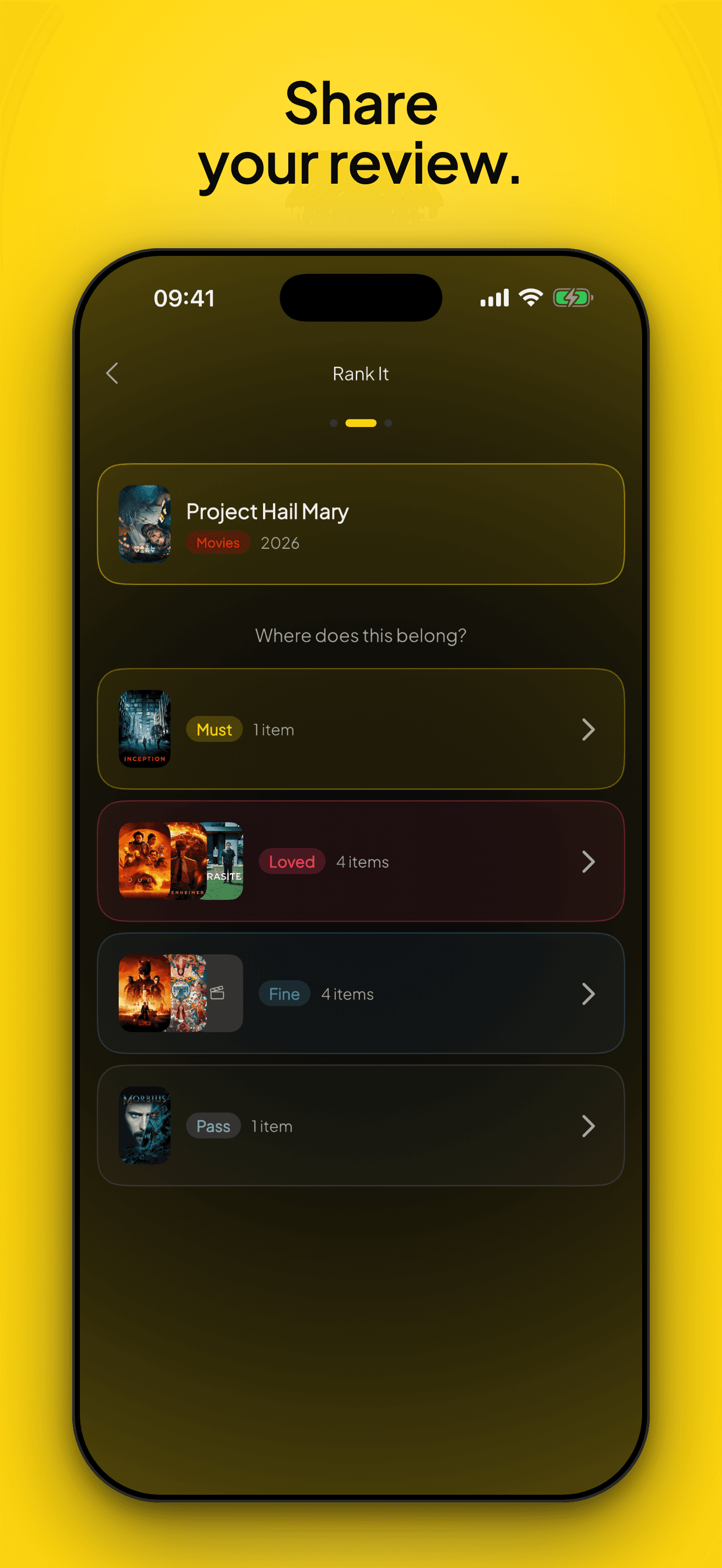 Ranking Project Hail Mary in the MUST / LOVED / FINE / PASS tier picker.