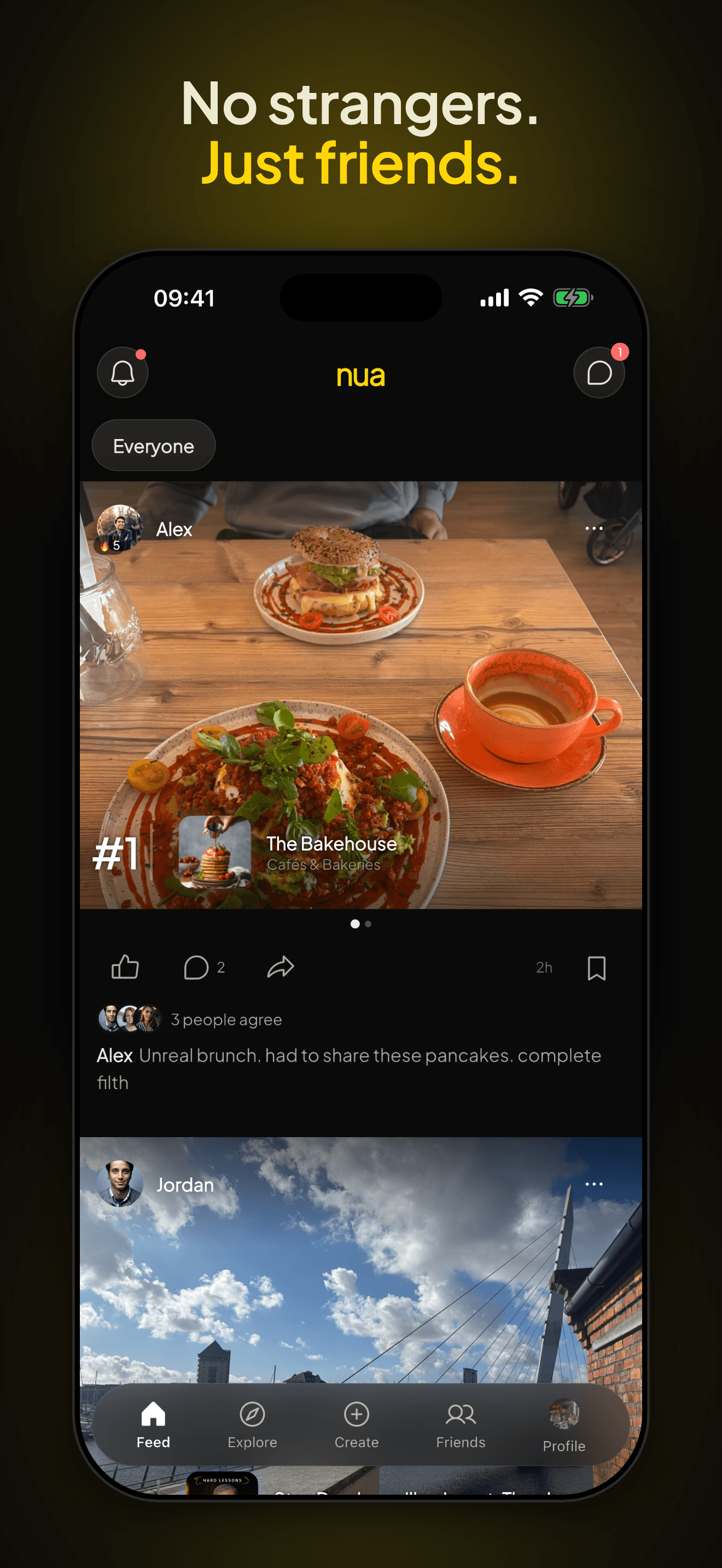 A friends feed with a real food photo and an agree count, no strangers.