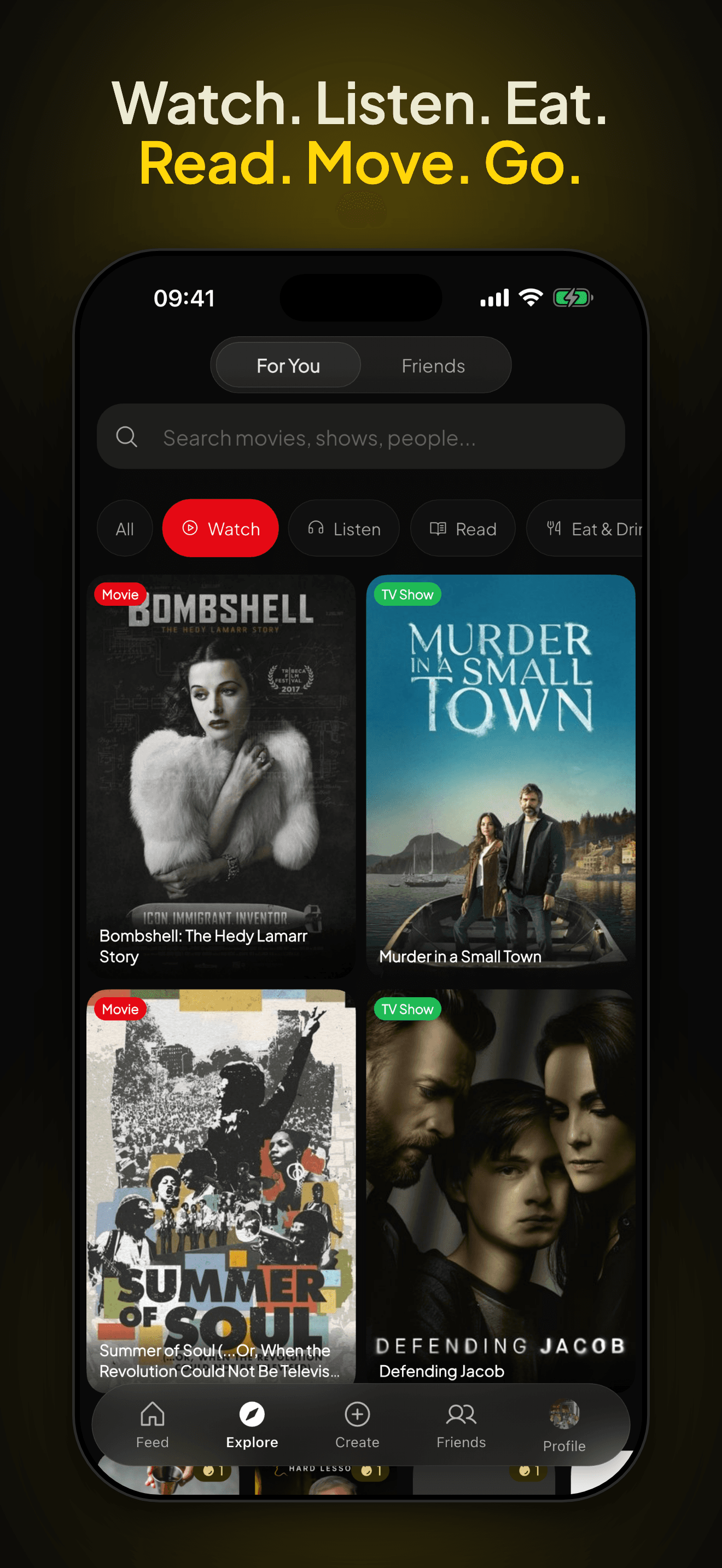 A nua Discover view with movie and TV posters across categories.