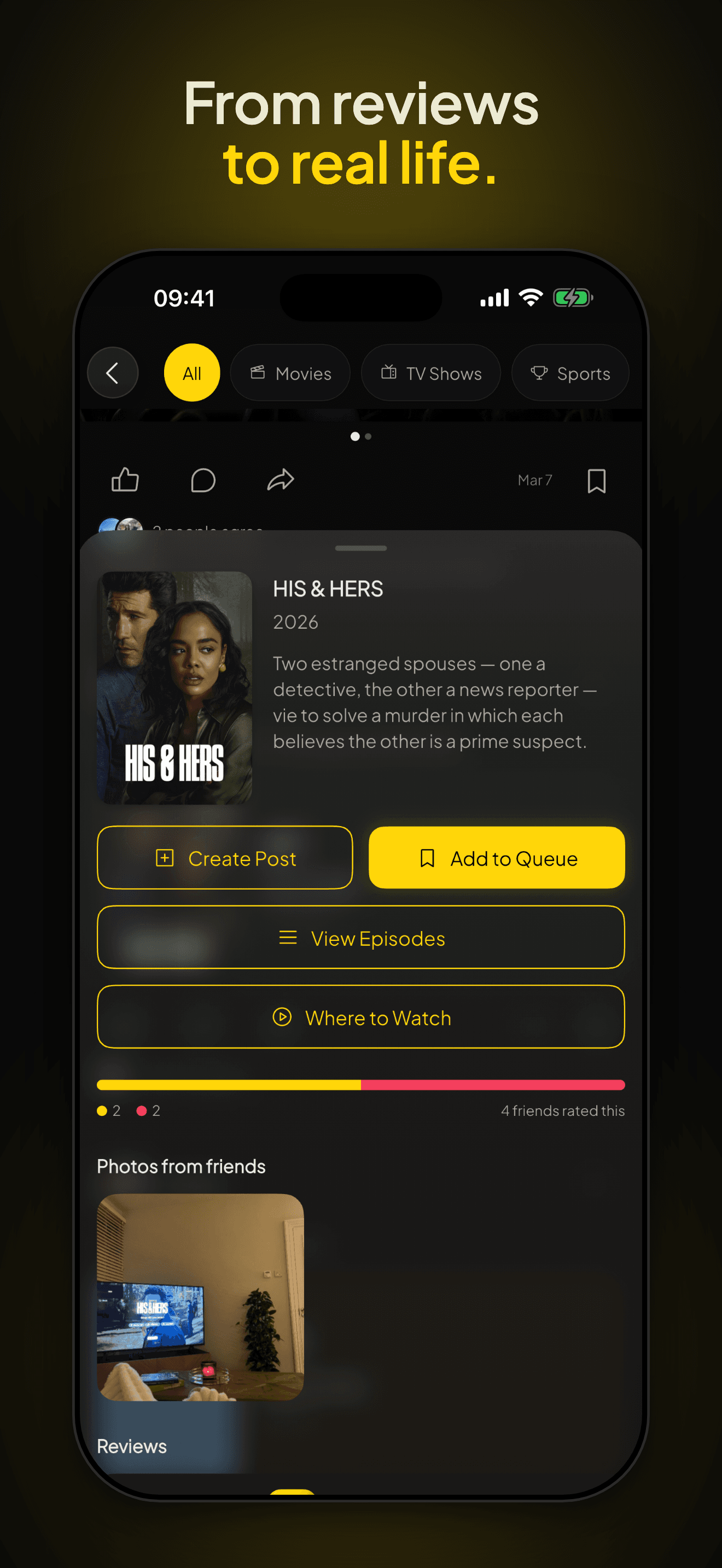 A post detail page for a TV show with Add to Queue, View Episodes, and Where to Watch actions.