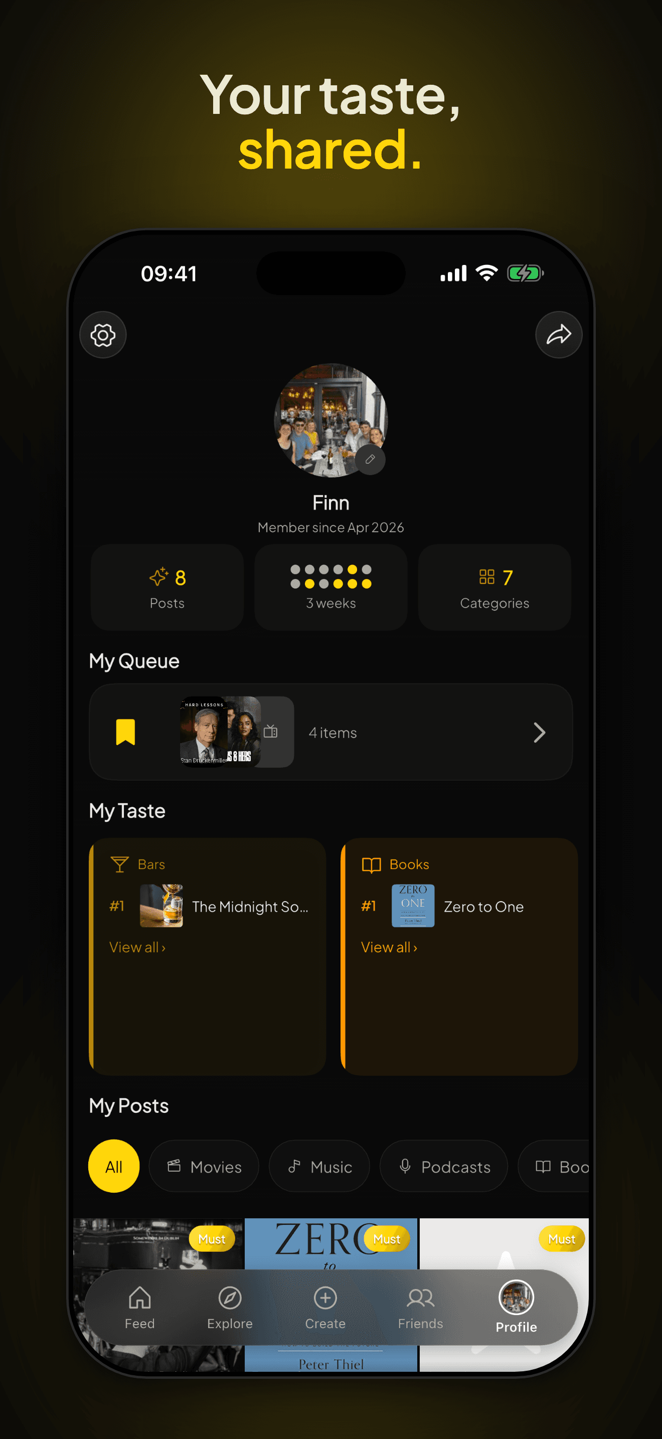 A nua profile showing posts, weekly streak, queue, and personal taste rankings.